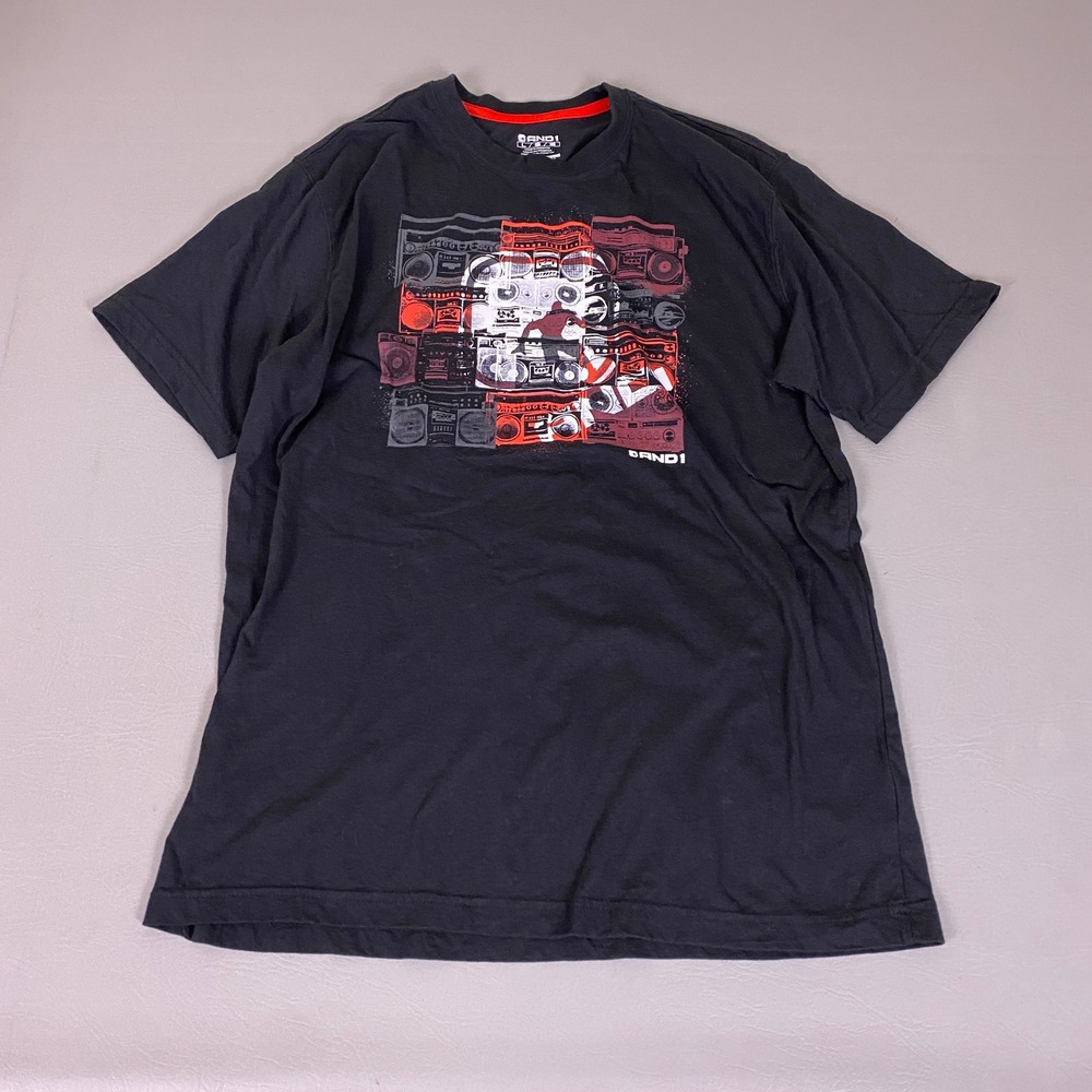 AND1 T-Shirt Men's Large Black Graphic Boombox Hip Hop Basketball Crew Neck Tee